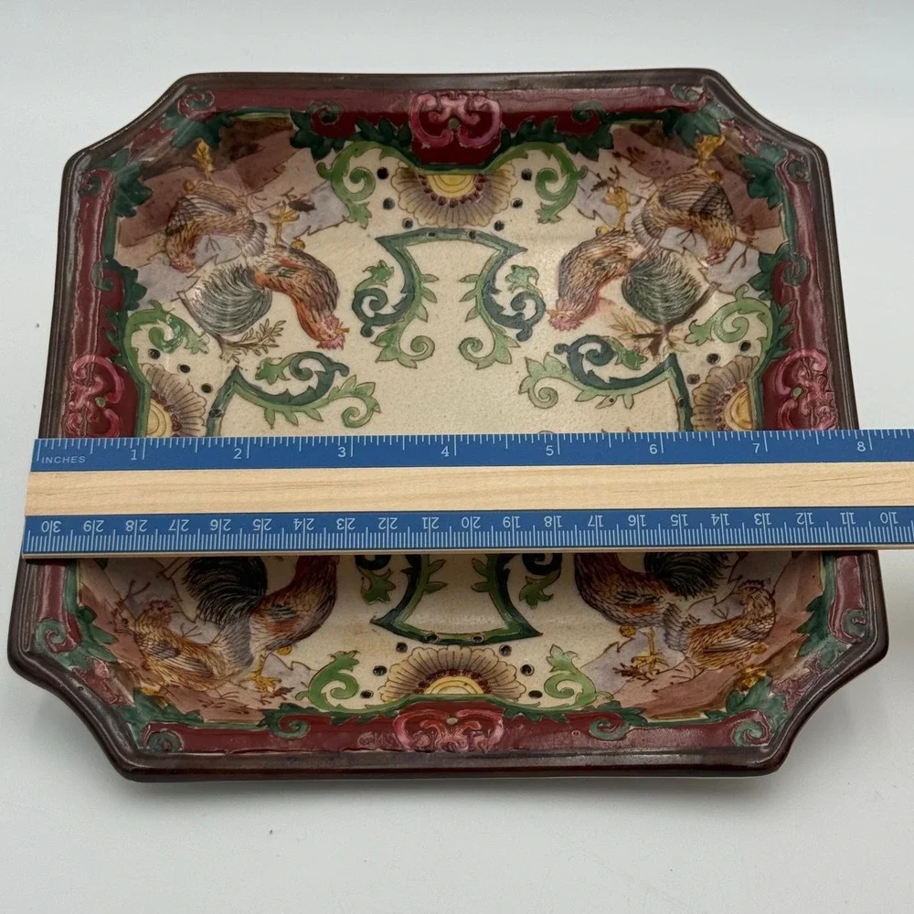 Vintage Decorative Rooster Ceramic Square Bowl Hand Painted Farmhouse Decor 8in